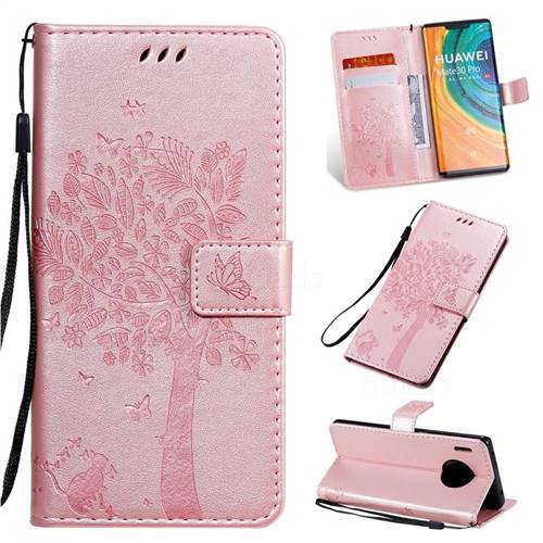 Embossing Butterfly Tree Leather Wallet Case for Huawei Mate 30 Pro - Rose Pink