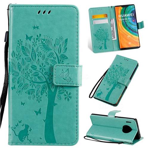 Embossing Butterfly Tree Leather Wallet Case for Huawei Mate 30 Pro - Cyan
