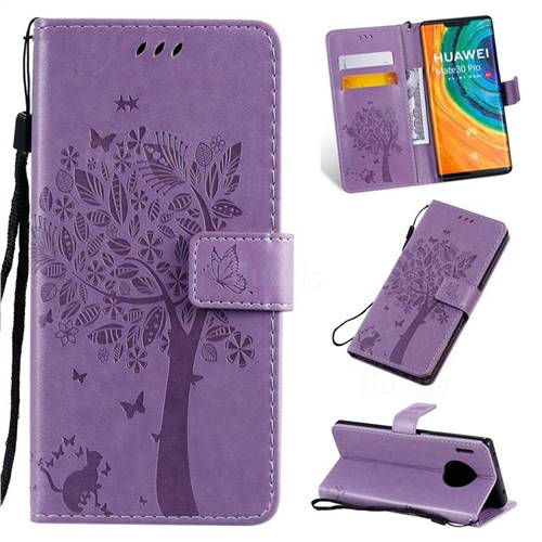 Embossing Butterfly Tree Leather Wallet Case for Huawei Mate 30 Pro - Violet