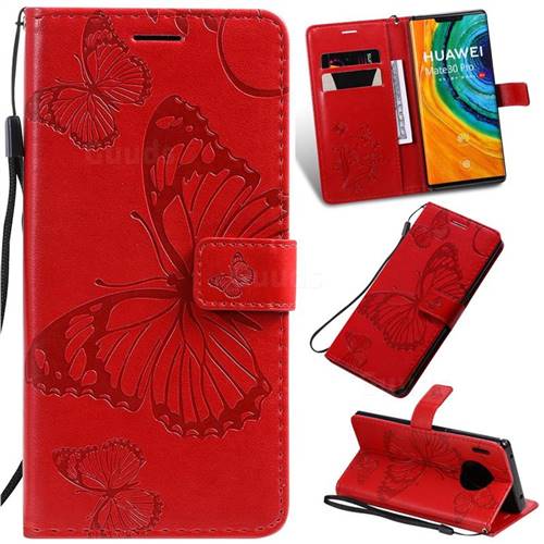 Embossing 3D Butterfly Leather Wallet Case for Huawei Mate 30 Pro - Red
