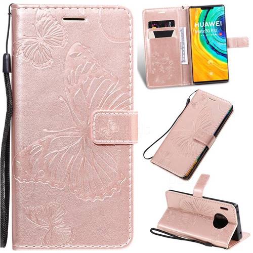 Embossing 3D Butterfly Leather Wallet Case for Huawei Mate 30 Pro - Rose Gold