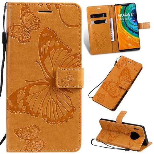 Embossing 3D Butterfly Leather Wallet Case for Huawei Mate 30 Pro - Yellow
