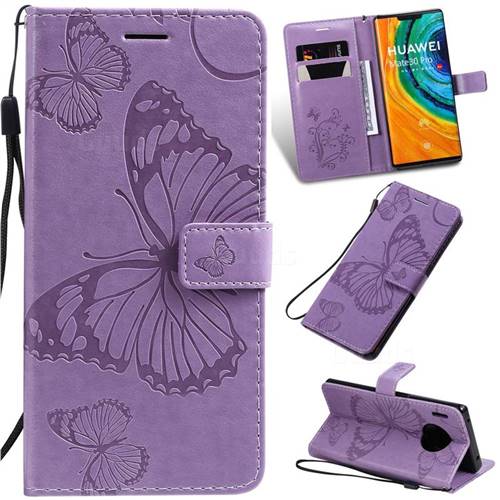 Embossing 3D Butterfly Leather Wallet Case for Huawei Mate 30 Pro - Purple