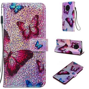Blue Butterfly Sequins Painted Leather Wallet Case for Huawei Mate 30 Pro