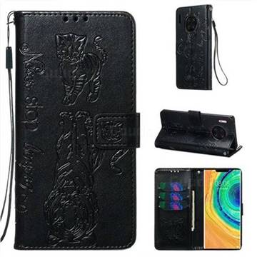 Embossing Tiger and Cat Leather Wallet Case for Huawei Mate 30 Pro - Black