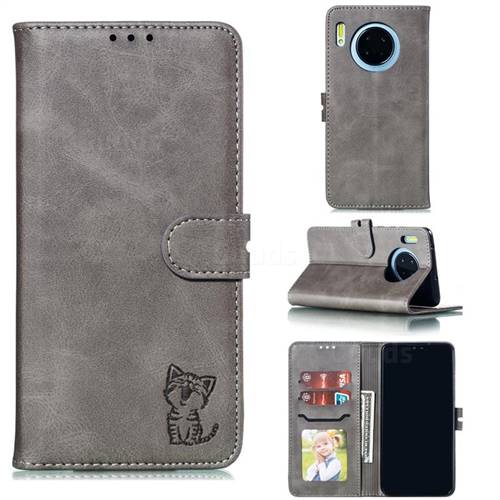 Embossing Happy Cat Leather Wallet Case for Huawei Mate 30 Pro - Gray