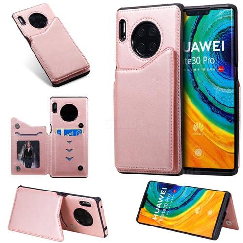 Luxury Multifunction Magnetic Card Slots Stand Calf Leather Phone Back Cover for Huawei Mate 30 Pro - Rose Gold