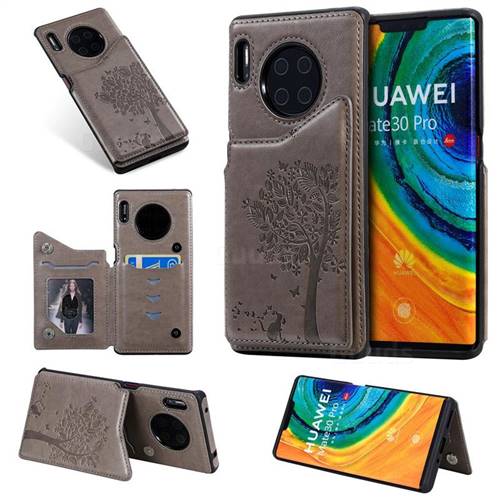 Luxury R61 Tree Cat Magnetic Stand Card Leather Phone Case for Huawei Mate 30 Pro - Gray