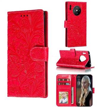 Intricate Embossing Lace Jasmine Flower Leather Wallet Case for Huawei Mate 30 Pro - Red