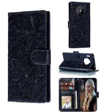 Intricate Embossing Lace Jasmine Flower Leather Wallet Case for Huawei Mate 30 Pro - Dark Blue