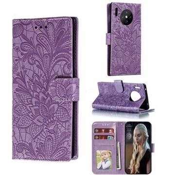 Intricate Embossing Lace Jasmine Flower Leather Wallet Case for Huawei Mate 30 Pro - Purple