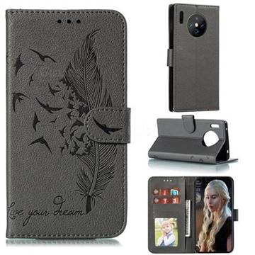 Intricate Embossing Lychee Feather Bird Leather Wallet Case for Huawei Mate 30 Pro - Gray