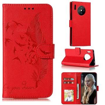 Intricate Embossing Lychee Feather Bird Leather Wallet Case for Huawei Mate 30 Pro - Red