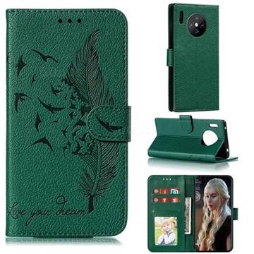 Intricate Embossing Lychee Feather Bird Leather Wallet Case for Huawei Mate 30 Pro - Green