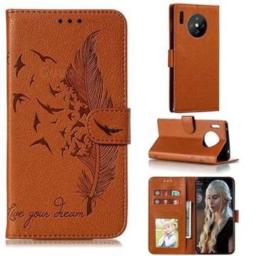 Intricate Embossing Lychee Feather Bird Leather Wallet Case for Huawei Mate 30 Pro - Brown