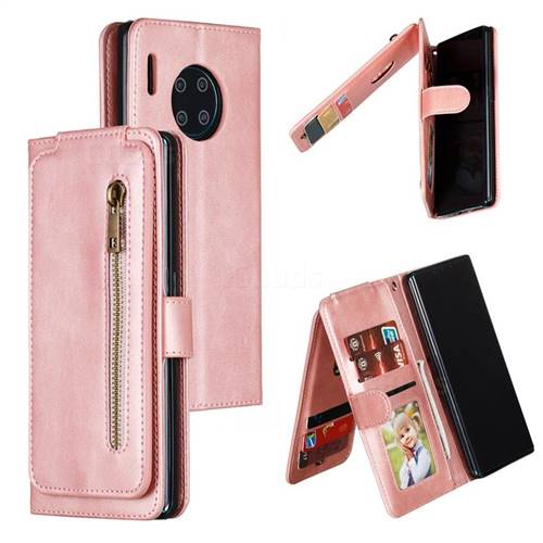 Multifunction 9 Cards Leather Zipper Wallet Phone Case for Huawei Mate 30 Pro - Rose Gold
