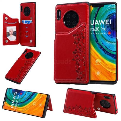 Yikatu Luxury Cute Cats Multifunction Magnetic Card Slots Stand Leather Back Cover for Huawei Mate 30 Pro - Red