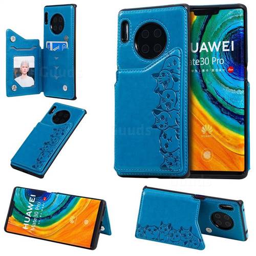 Yikatu Luxury Cute Cats Multifunction Magnetic Card Slots Stand Leather Back Cover for Huawei Mate 30 Pro - Blue