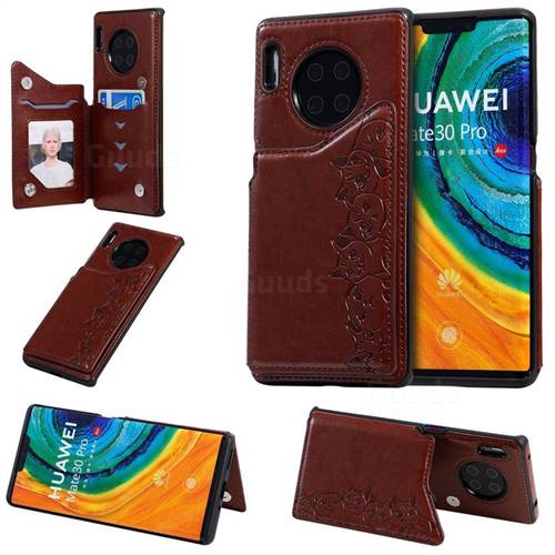 Yikatu Luxury Cute Cats Multifunction Magnetic Card Slots Stand Leather Back Cover for Huawei Mate 30 Pro - Brown