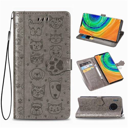 Embossing Dog Paw Kitten and Puppy Leather Wallet Case for Huawei Mate 30 Pro - Gray