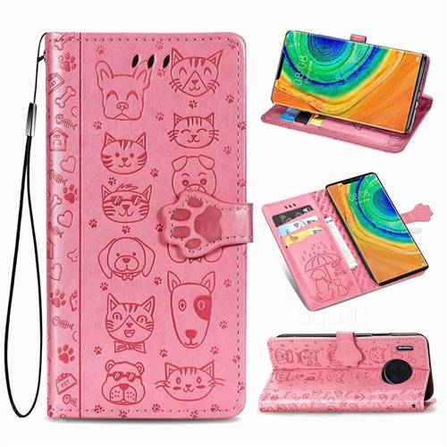 Embossing Dog Paw Kitten and Puppy Leather Wallet Case for Huawei Mate 30 Pro - Pink