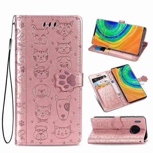 Embossing Dog Paw Kitten and Puppy Leather Wallet Case for Huawei Mate 30 Pro - Rose Gold