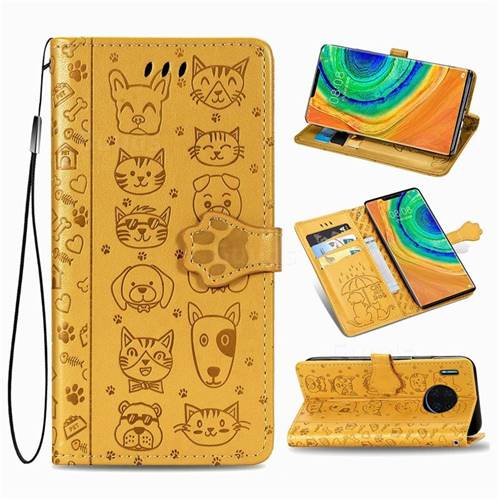 Embossing Dog Paw Kitten and Puppy Leather Wallet Case for Huawei Mate 30 Pro - Yellow