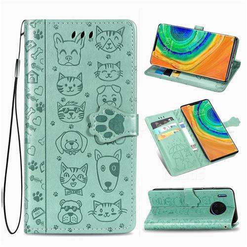 Embossing Dog Paw Kitten and Puppy Leather Wallet Case for Huawei Mate 30 Pro - Green
