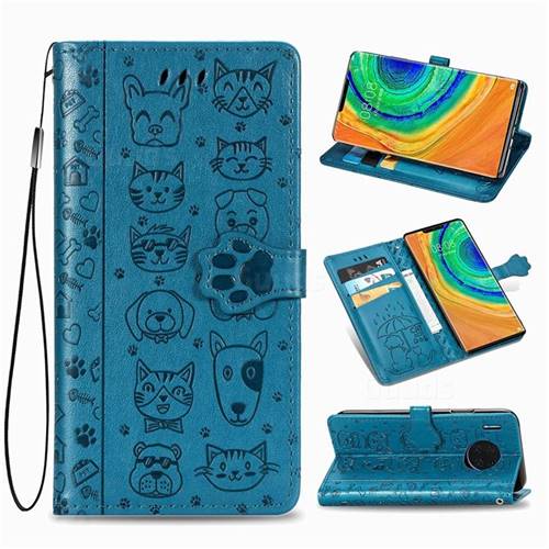 Embossing Dog Paw Kitten and Puppy Leather Wallet Case for Huawei Mate 30 Pro - Blue