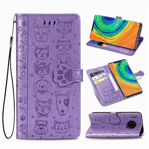 Embossing Dog Paw Kitten and Puppy Leather Wallet Case for Huawei Mate 30 Pro - Purple