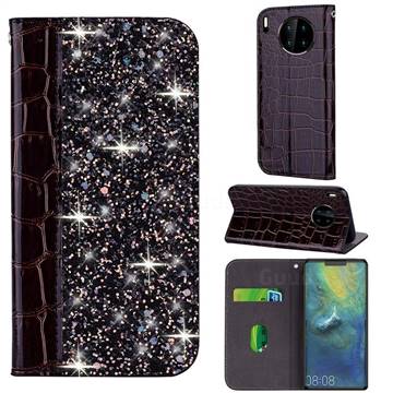 Shiny Crocodile Pattern Stitching Magnetic Closure Flip Holster Shockproof Phone Case for Huawei Mate 30 Pro - Black Brown