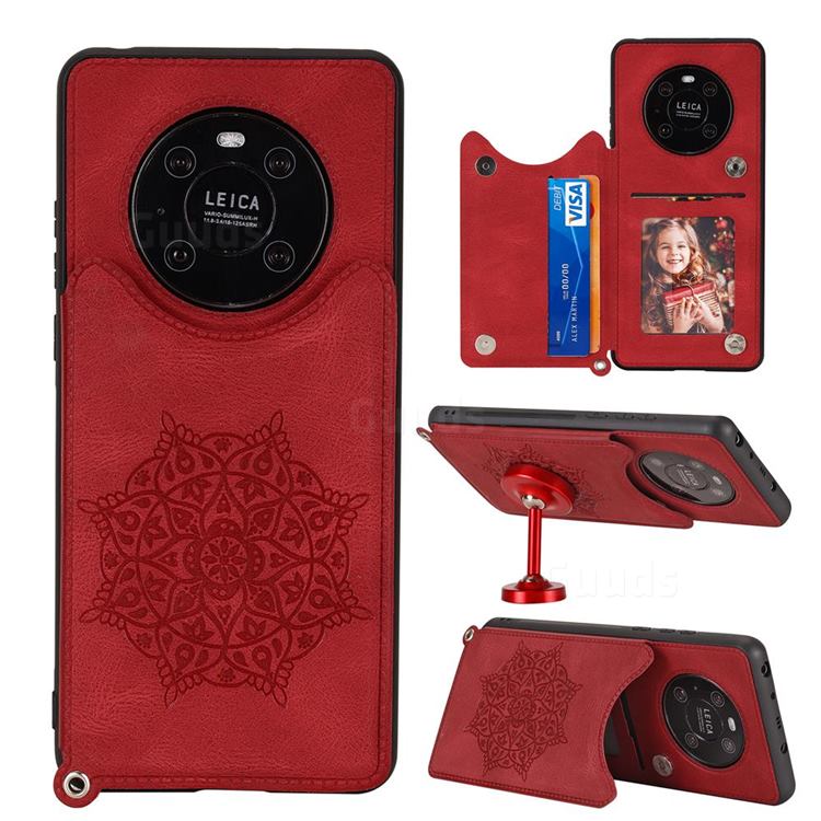 Luxury Mandala Multi-function Magnetic Card Slots Stand Leather Back Cover for Huawei Mate 40 - Red