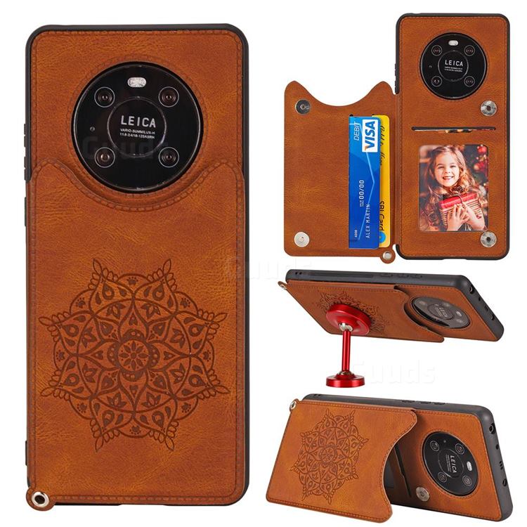 Luxury Mandala Multi-function Magnetic Card Slots Stand Leather Back Cover for Huawei Mate 40 - Brown