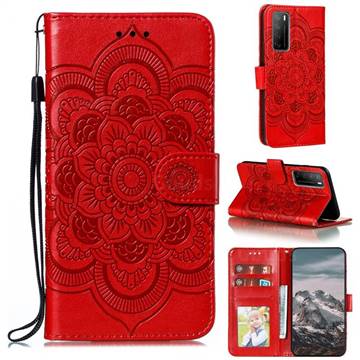 Intricate Embossing Datura Solar Leather Wallet Case for Huawei Mate 40 Lite - Red