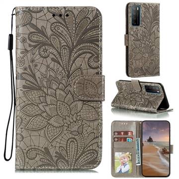 Intricate Embossing Lace Jasmine Flower Leather Wallet Case for Huawei Mate 40 Lite - Gray