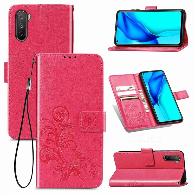 Embossing Imprint Four-Leaf Clover Leather Wallet Case for Huawei Mate 40 Lite - Rose Red