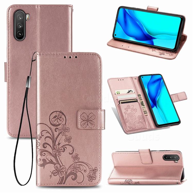 Embossing Imprint Four-Leaf Clover Leather Wallet Case for Huawei Mate 40 Lite - Rose Gold