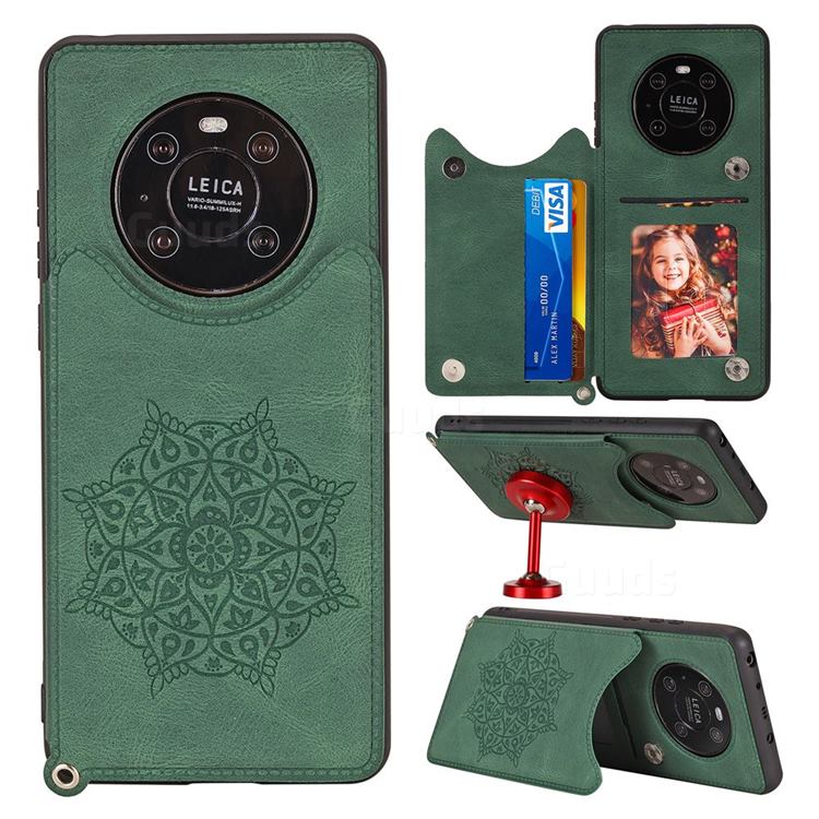 Luxury Mandala Multi-function Magnetic Card Slots Stand Leather Back Cover for Huawei Mate 40 Pro - Green