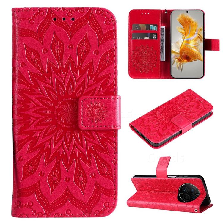 Embossing Sunflower Leather Wallet Case for Huawei Mate 50 - Red