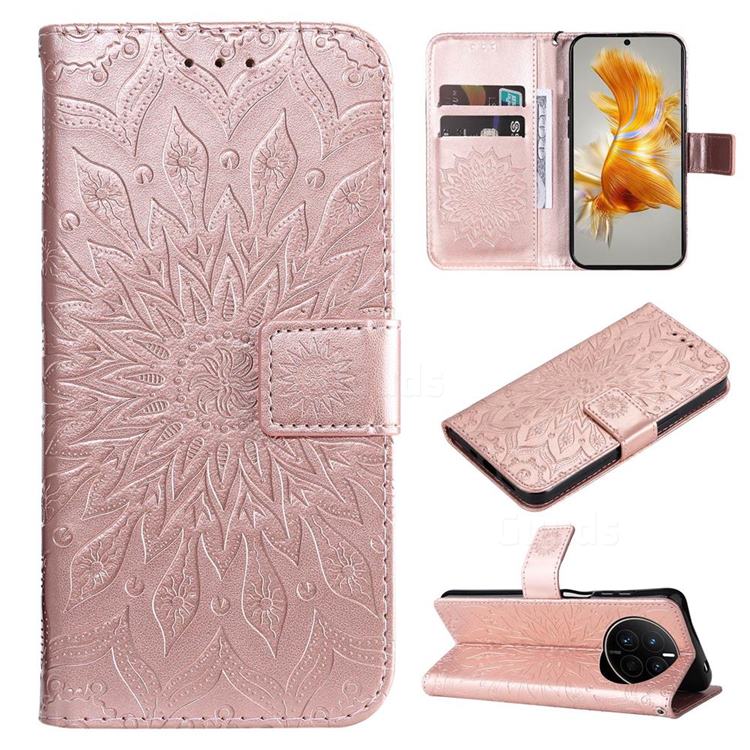 Embossing Sunflower Leather Wallet Case for Huawei Mate 50 - Rose Gold