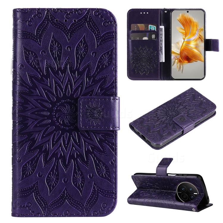 Embossing Sunflower Leather Wallet Case for Huawei Mate 50 - Purple