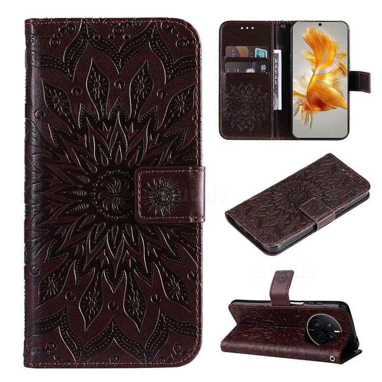 Embossing Sunflower Leather Wallet Case for Huawei Mate 50 - Brown