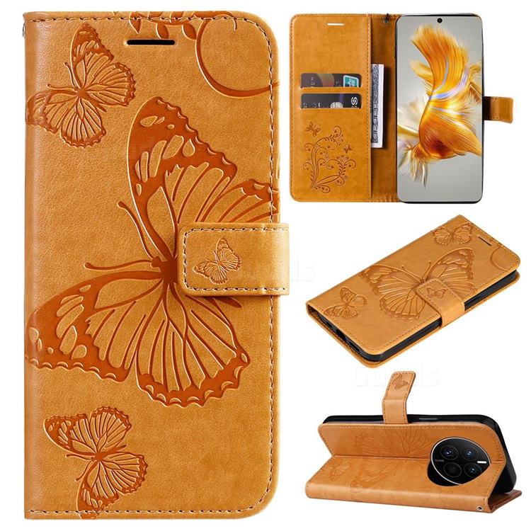 Embossing 3D Butterfly Leather Wallet Case for Huawei Mate 50 - Yellow