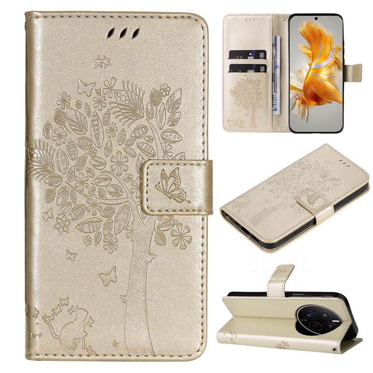 Embossing Butterfly Tree Leather Wallet Case for Huawei Mate 50 - Champagne