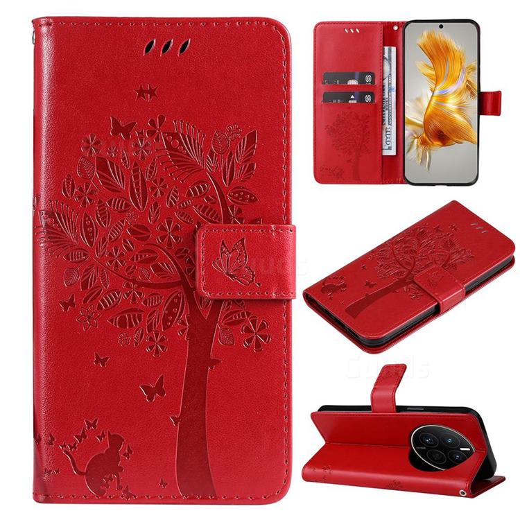 Embossing Butterfly Tree Leather Wallet Case for Huawei Mate 50 - Red