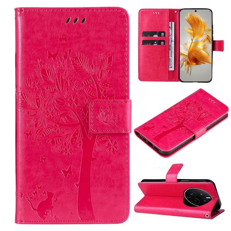 Embossing Butterfly Tree Leather Wallet Case for Huawei Mate 50 - Rose