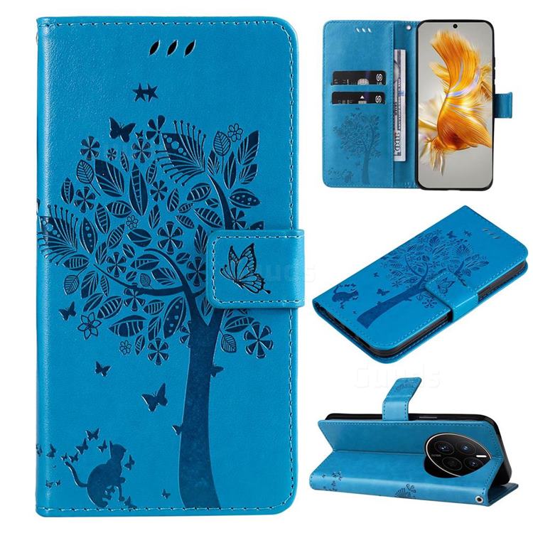Embossing Butterfly Tree Leather Wallet Case for Huawei Mate 50 - Blue