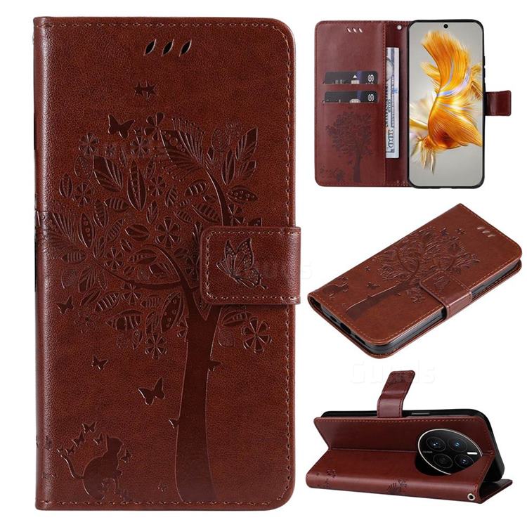 Embossing Butterfly Tree Leather Wallet Case for Huawei Mate 50 - Coffee