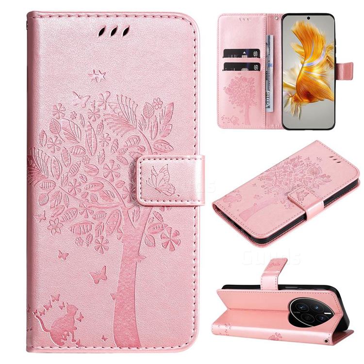 Embossing Butterfly Tree Leather Wallet Case for Huawei Mate 50 - Rose Pink