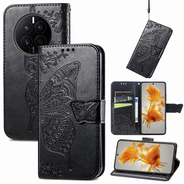 Embossing Mandala Flower Butterfly Leather Wallet Case for Huawei Mate 50 - Black
